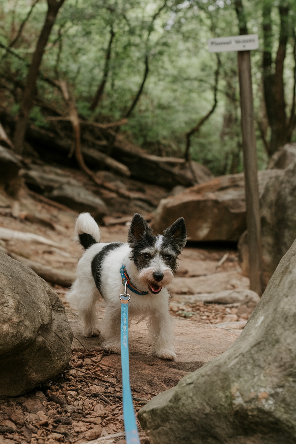 A Rat Terrier happily exploring a rocky trail in a lush forest.