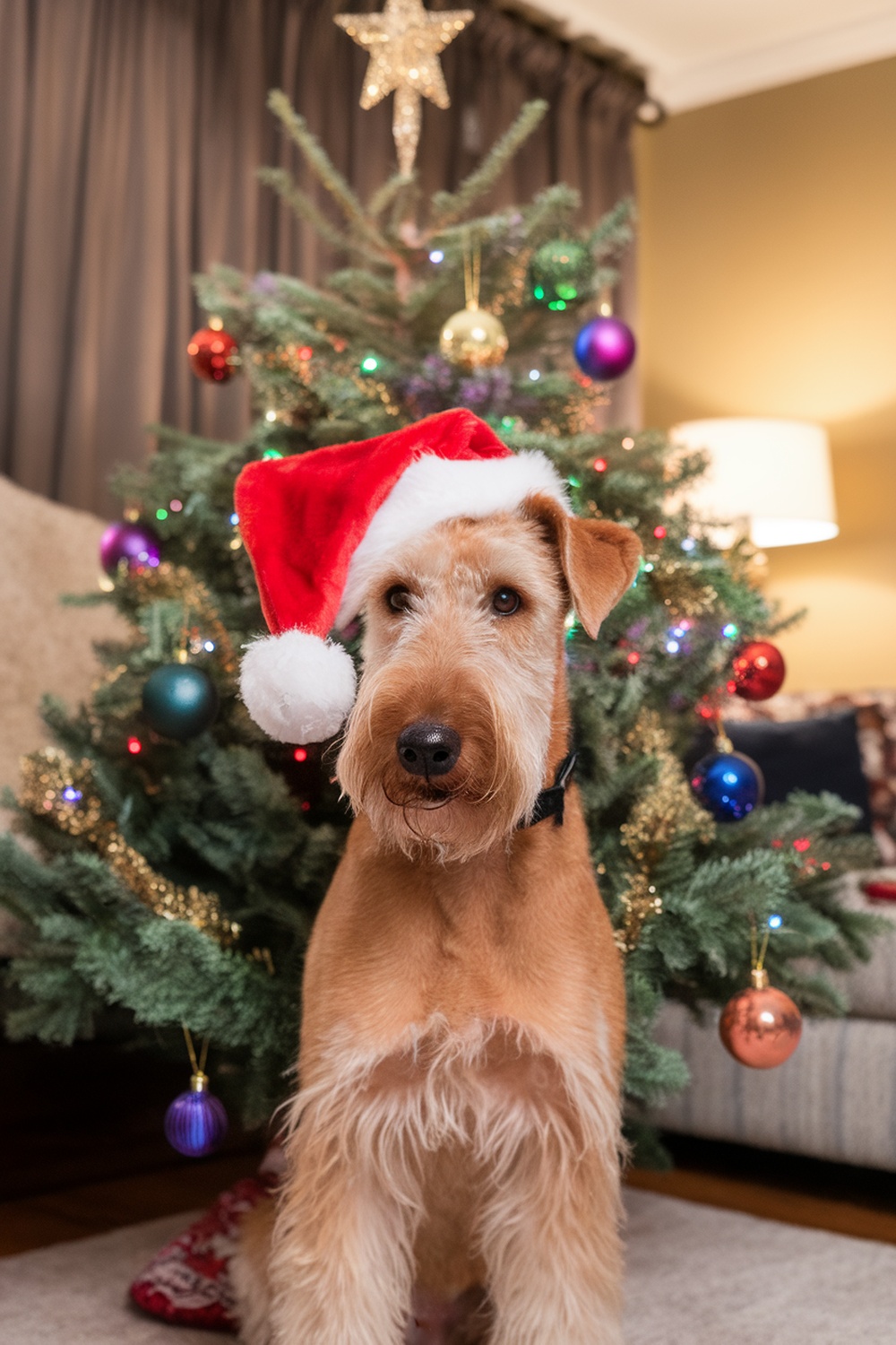 Airedale Terrier wearing a Santa hat in front of a Christmas tree.