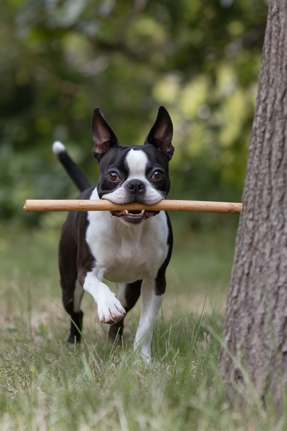 A Boston Terrier running with a stick in its mouth, showcasing its playful and energetic personality.