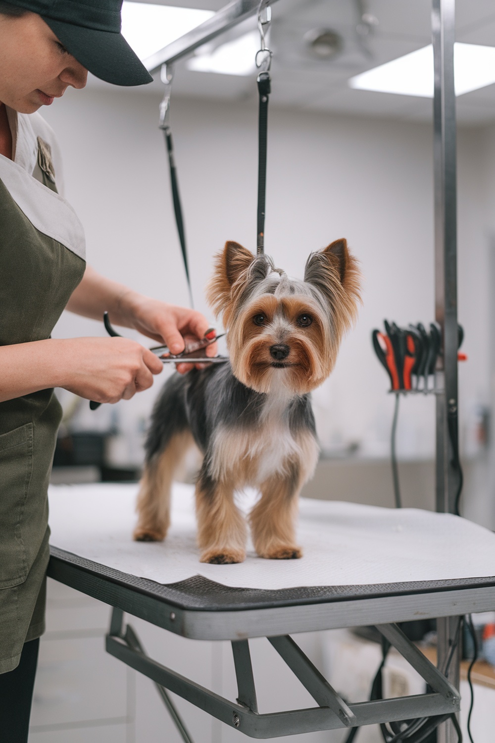 A Biewer Yorkie being groomed by a professional.