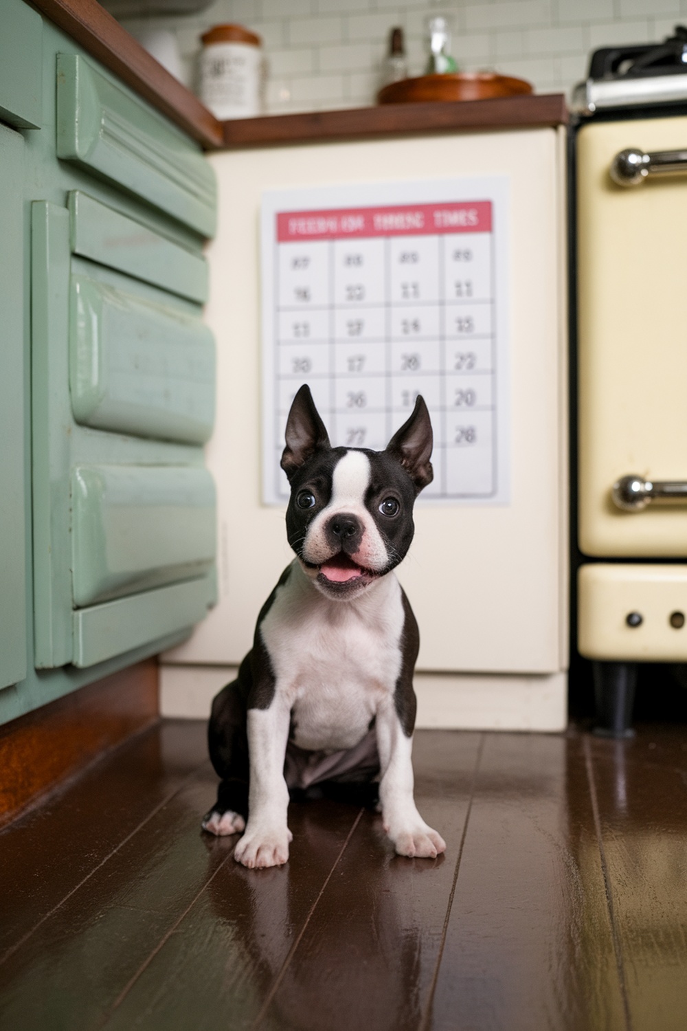 A Boston Terrier puppy sitting on a wooden floor in a kitchen, with a feeding schedule calendar in the background.