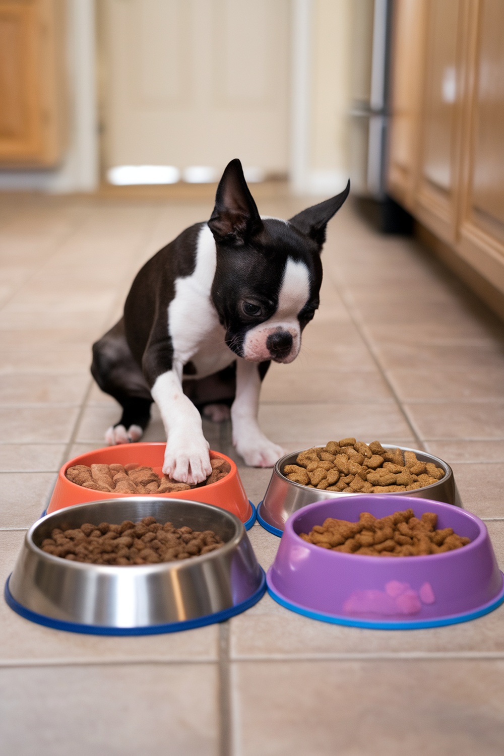 A Boston Terrier puppy looking at different bowls of dog food with various textures.