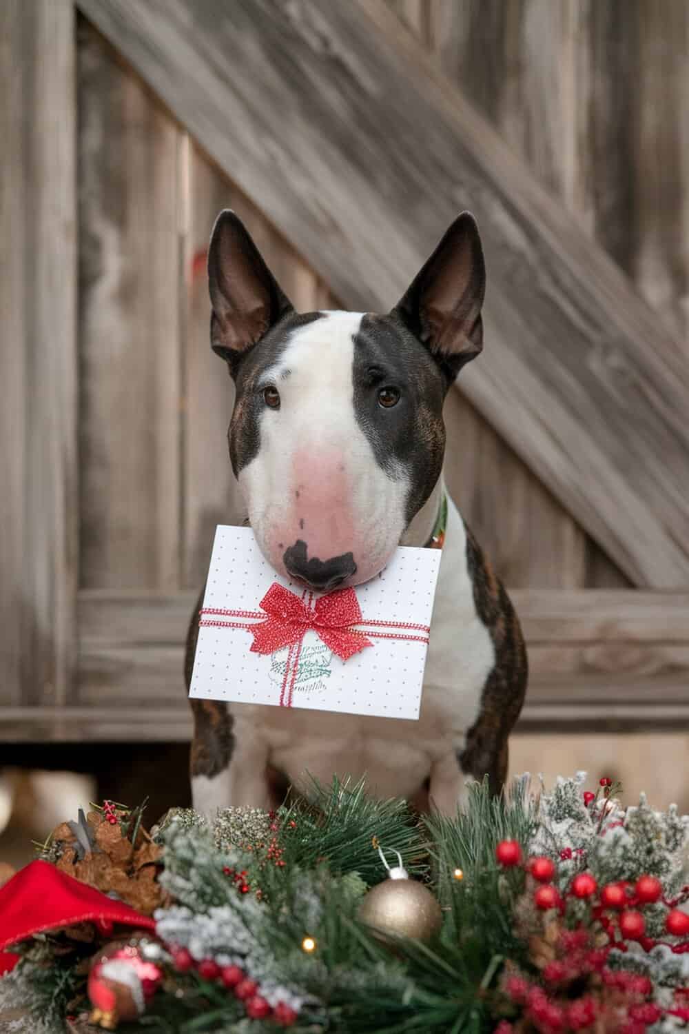 Bull Terrier holding a holiday card with a red bow