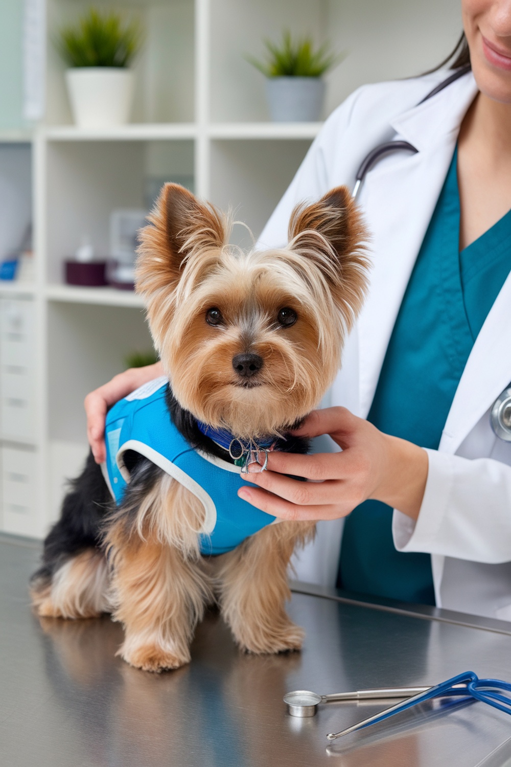 A Biewer Yorkie at the vet, looking healthy and well cared for.