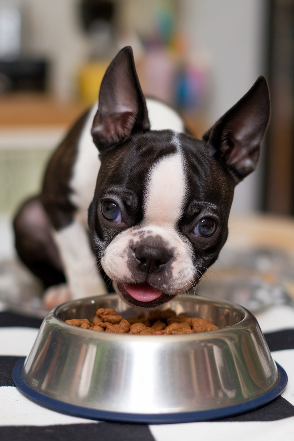 A Boston Terrier puppy happily eating from a bowl of kibble.
