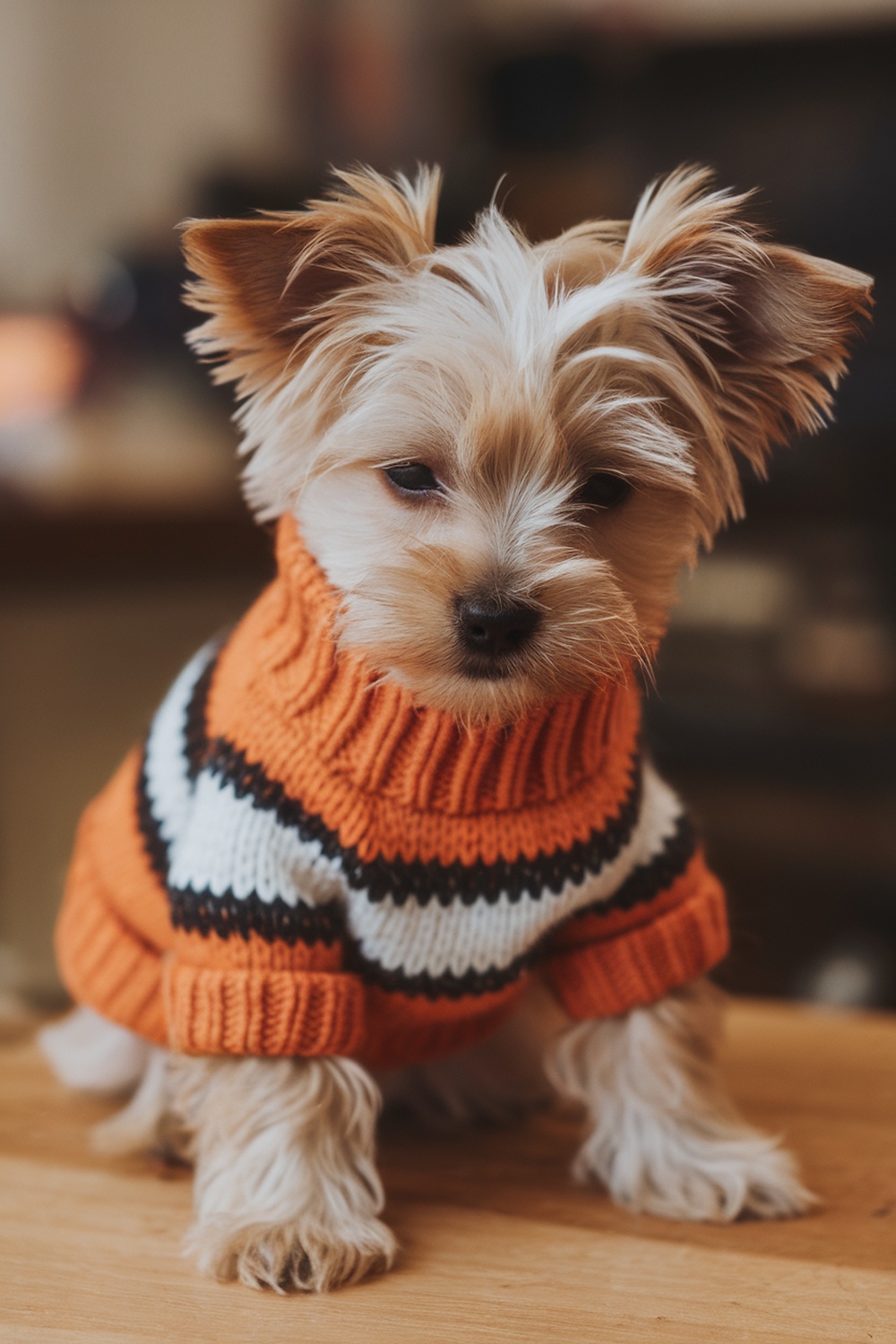 Yorkie puppy wearing an orange and white striped sweater.
