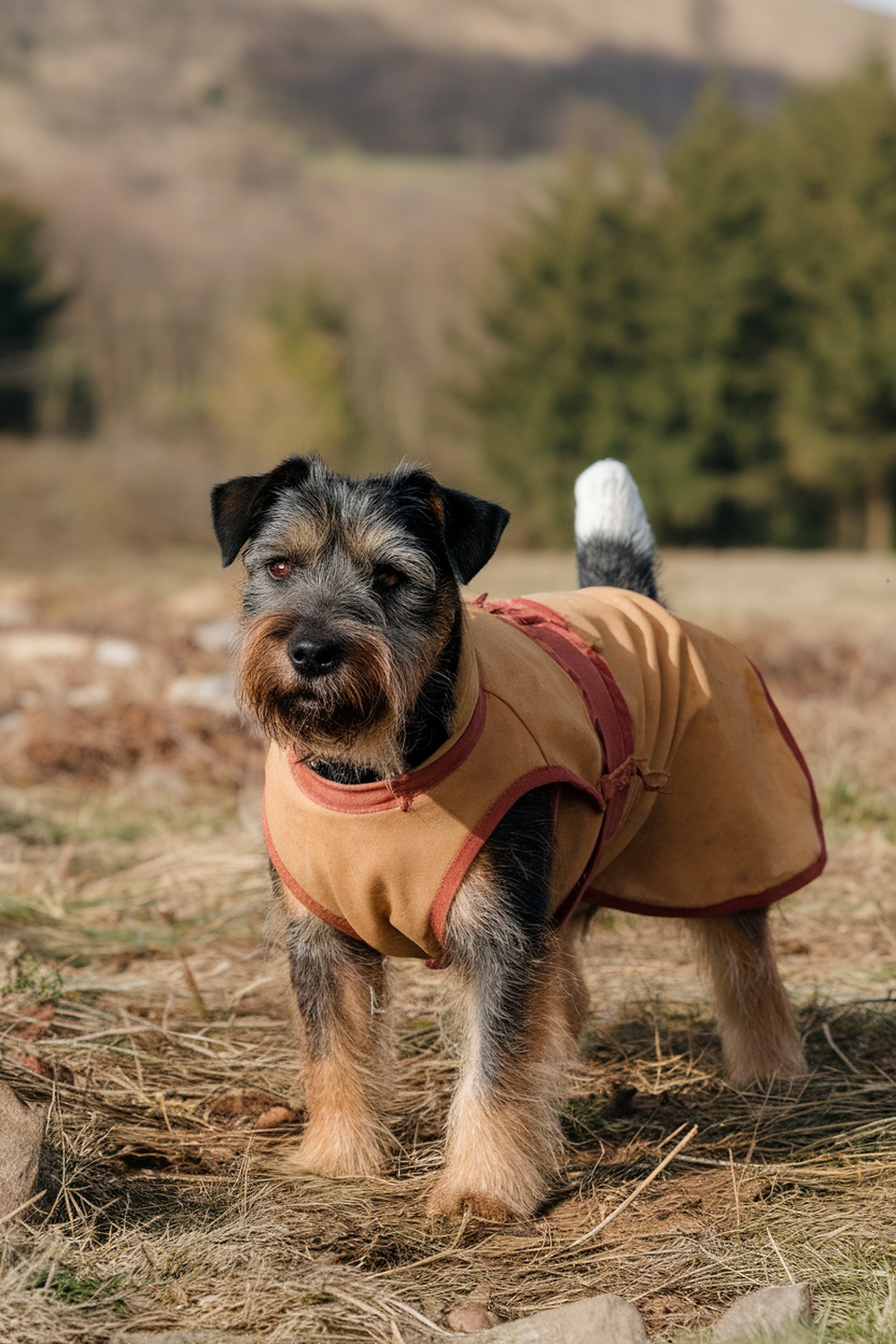 A Border Terrier standing in a field, wearing a brown coat.