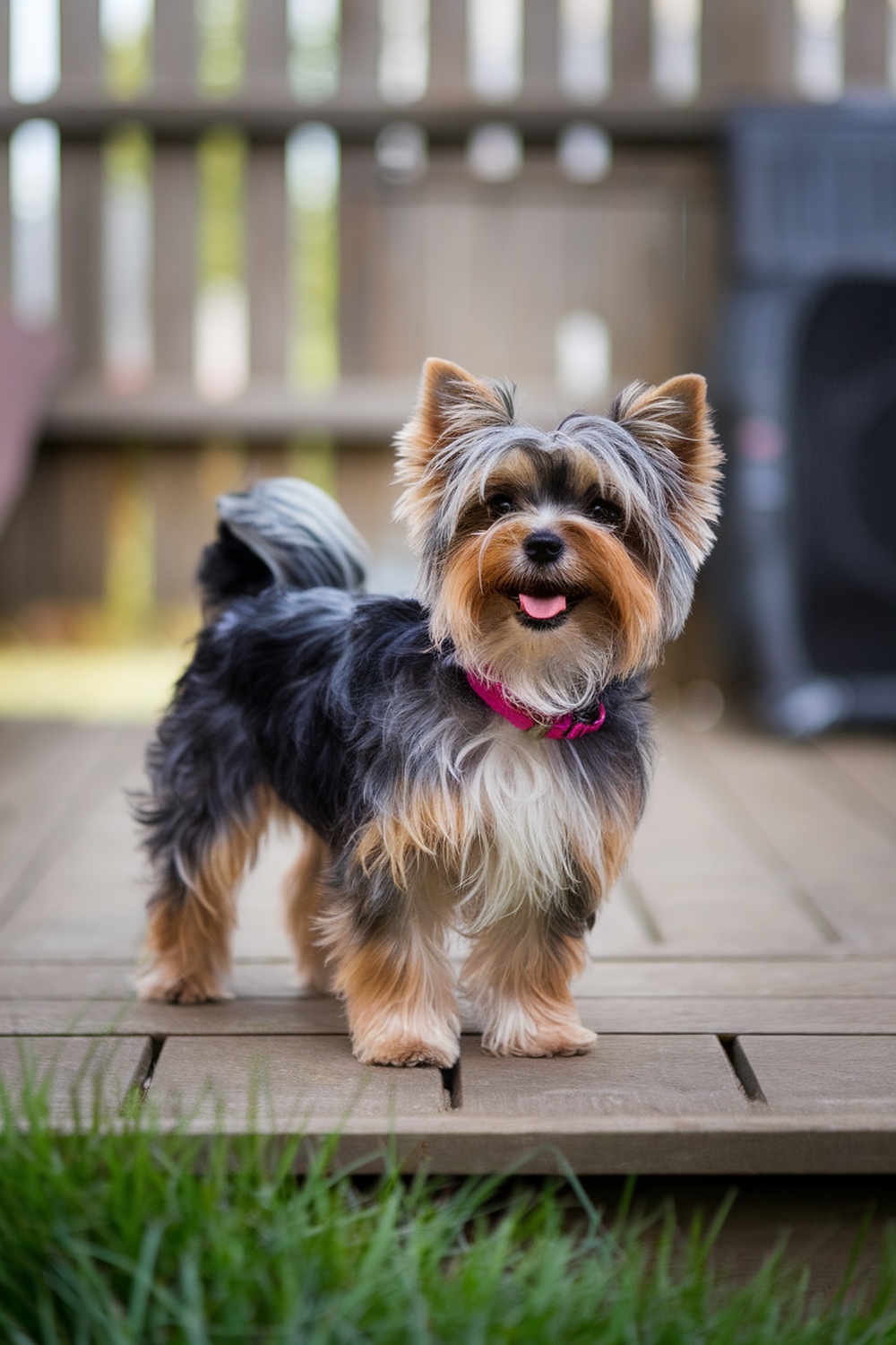 A cheerful Biewer Yorkie standing on a wooden deck, showcasing its playful nature.