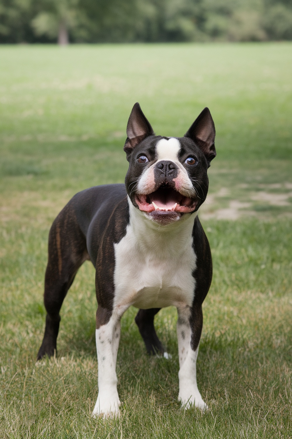 A happy Boston Terrier standing in a grassy field, looking cheerful and alert.