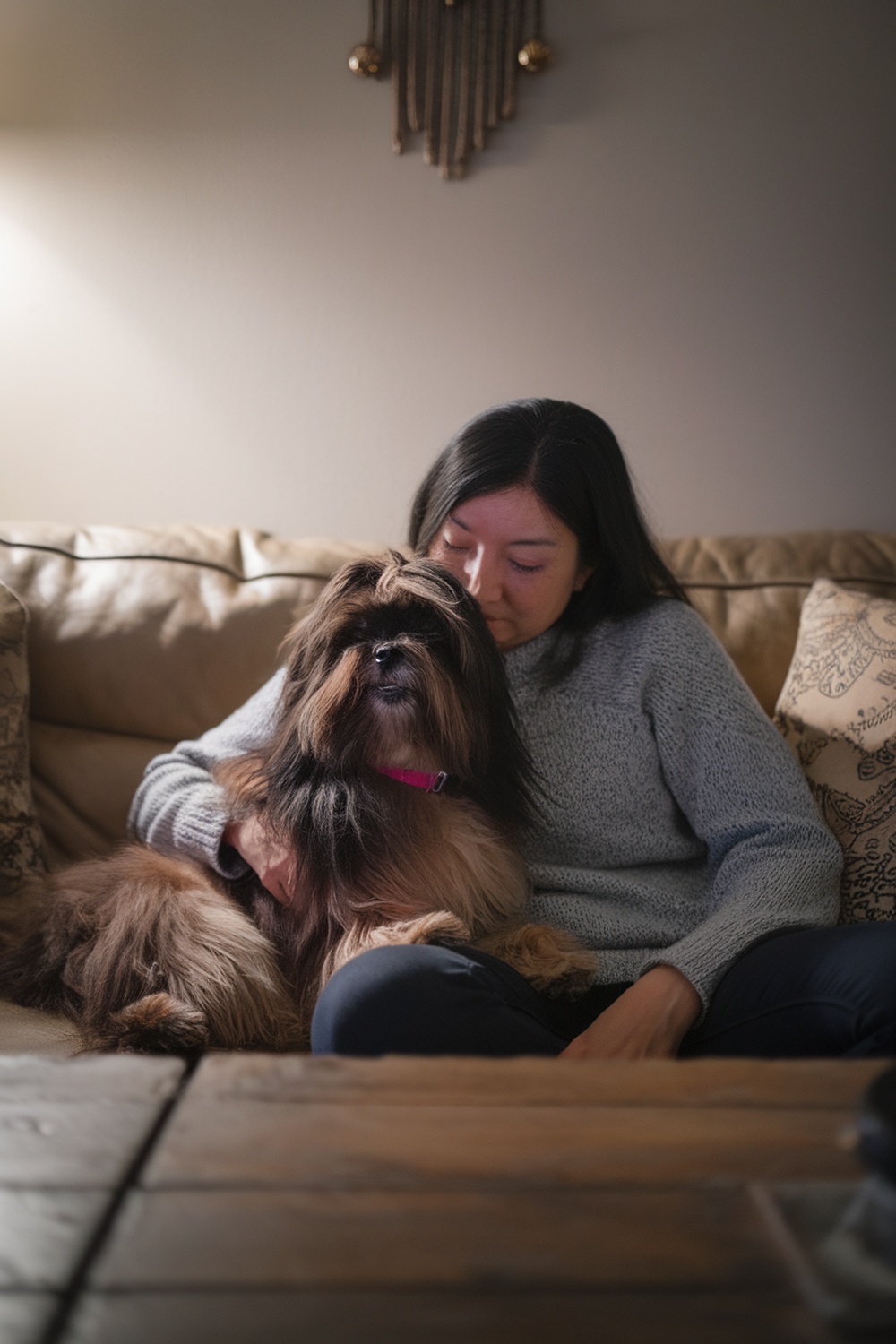 A woman sitting on a couch with a Lhasa Apso dog, both looking comfortable and relaxed.
