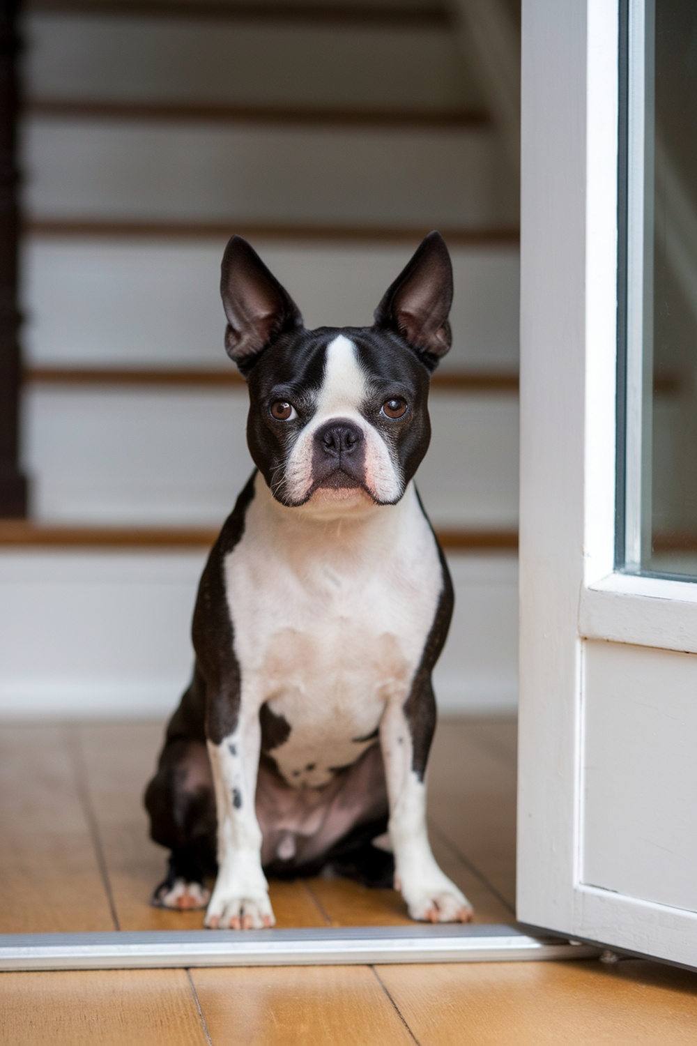 A Boston Terrier sitting at the entrance of a home.
