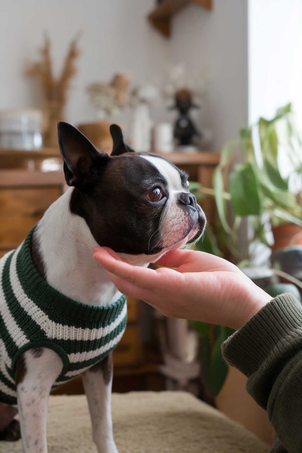 A Boston Terrier receiving affection from its owner.