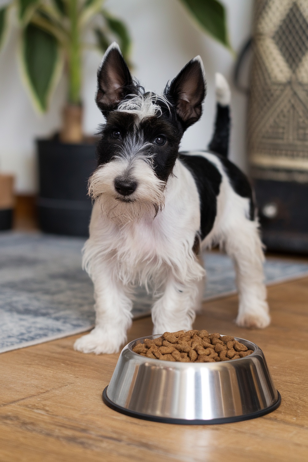 A Scottish Terrier puppy standing next to a bowl of dog food.