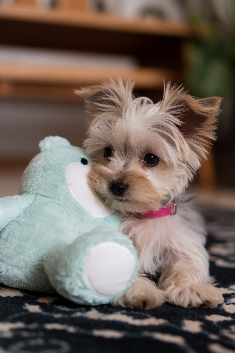 Yorkie puppy cuddling with a stuffed animal