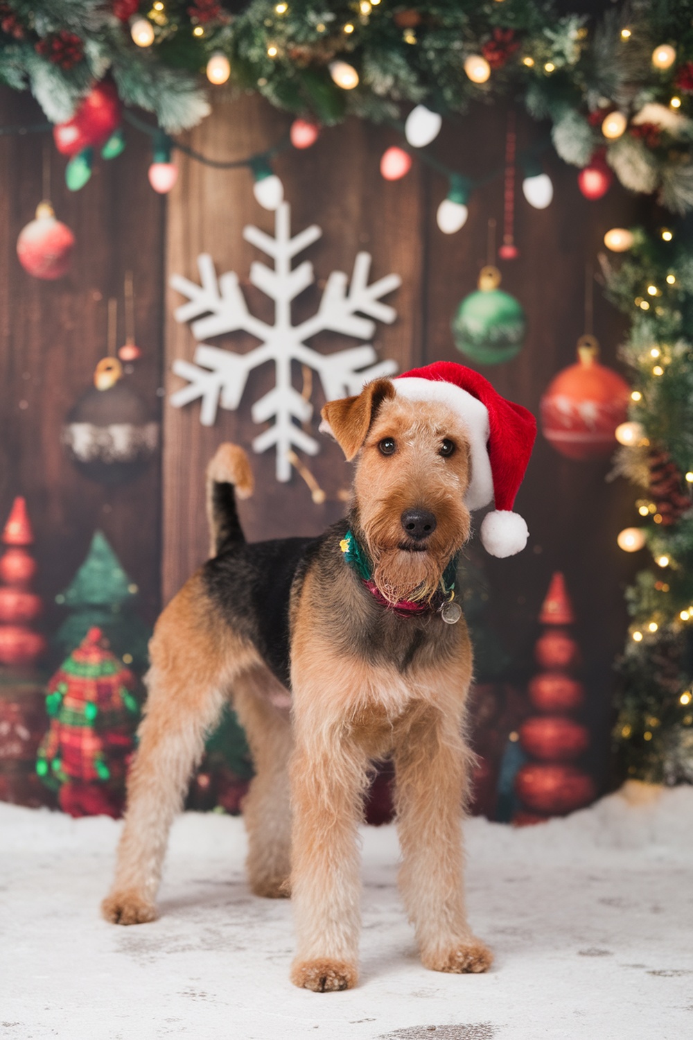 Airedale Terrier wearing a Santa hat in a festive setting