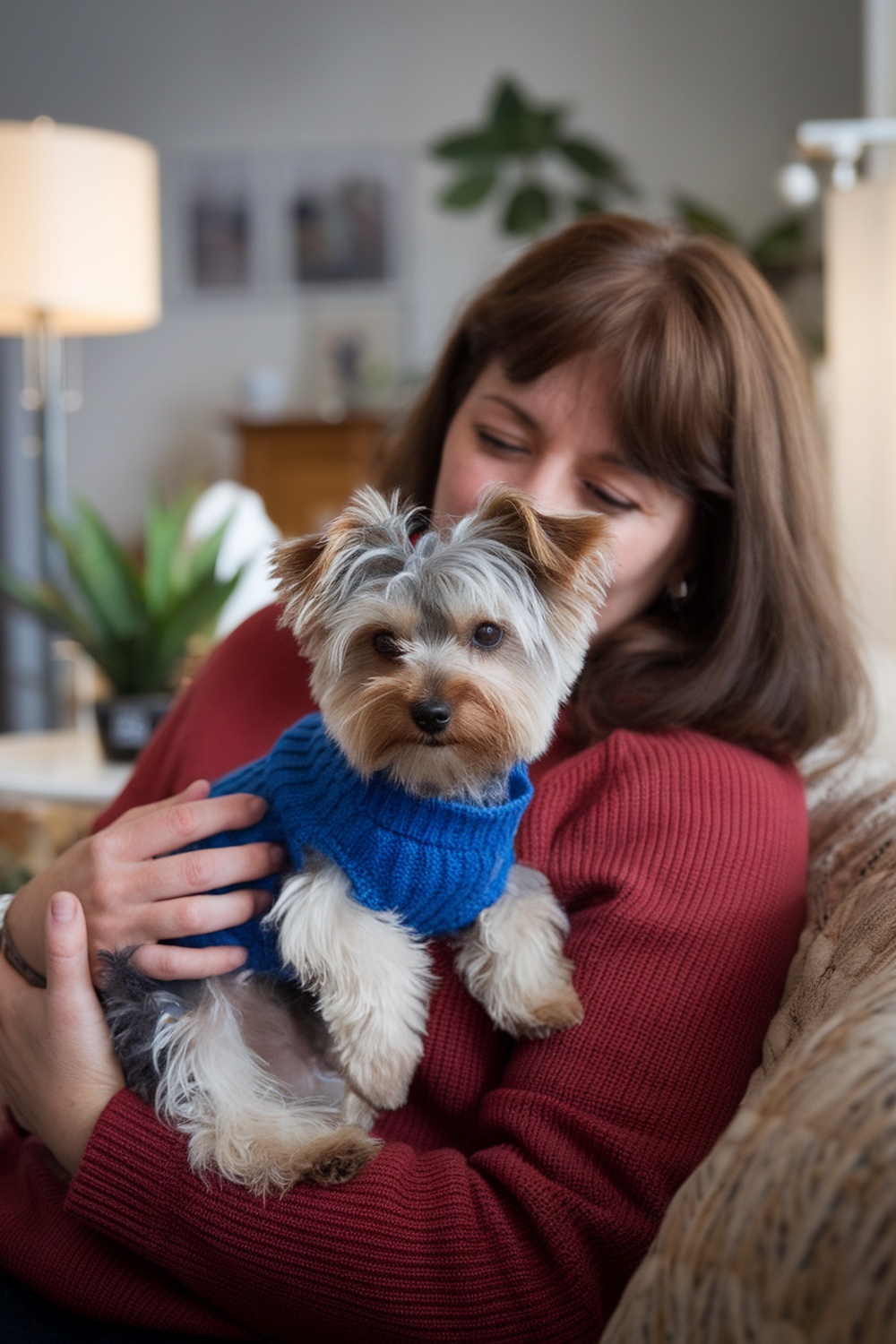 A woman holding a Yorkie Poo in a cozy setting, showcasing the bond between them.