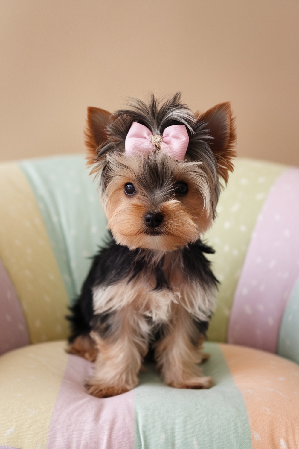 A cute Yorkie puppy girl with a pink bow sitting on a colorful cushion.