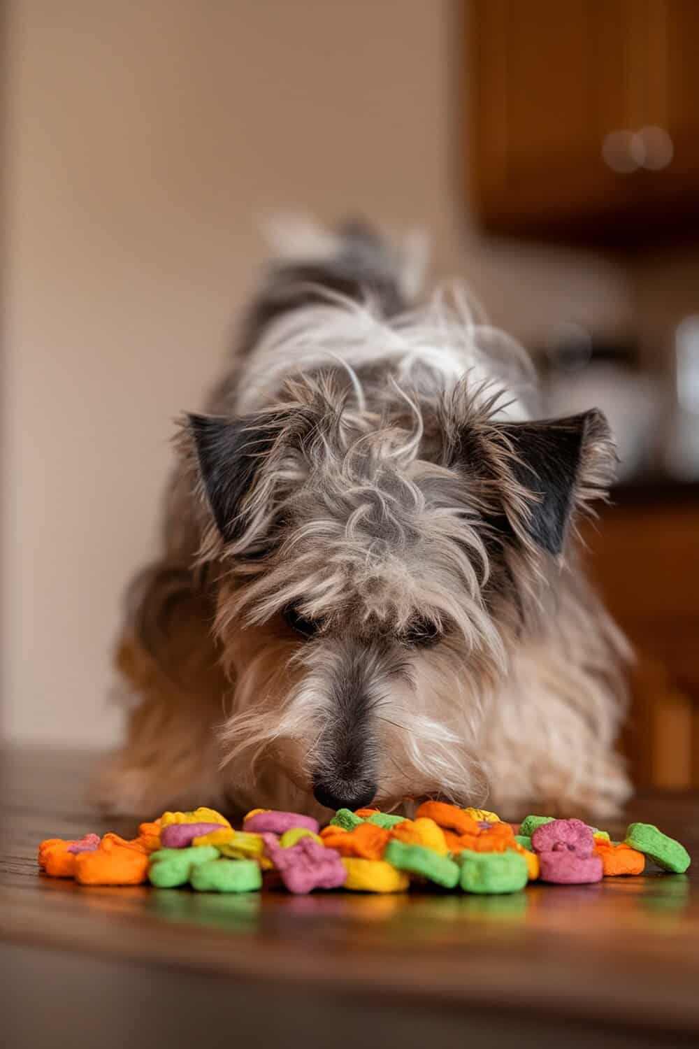 A terrier dog looking at colorful vegetable-shaped dog treats on a wooden surface.