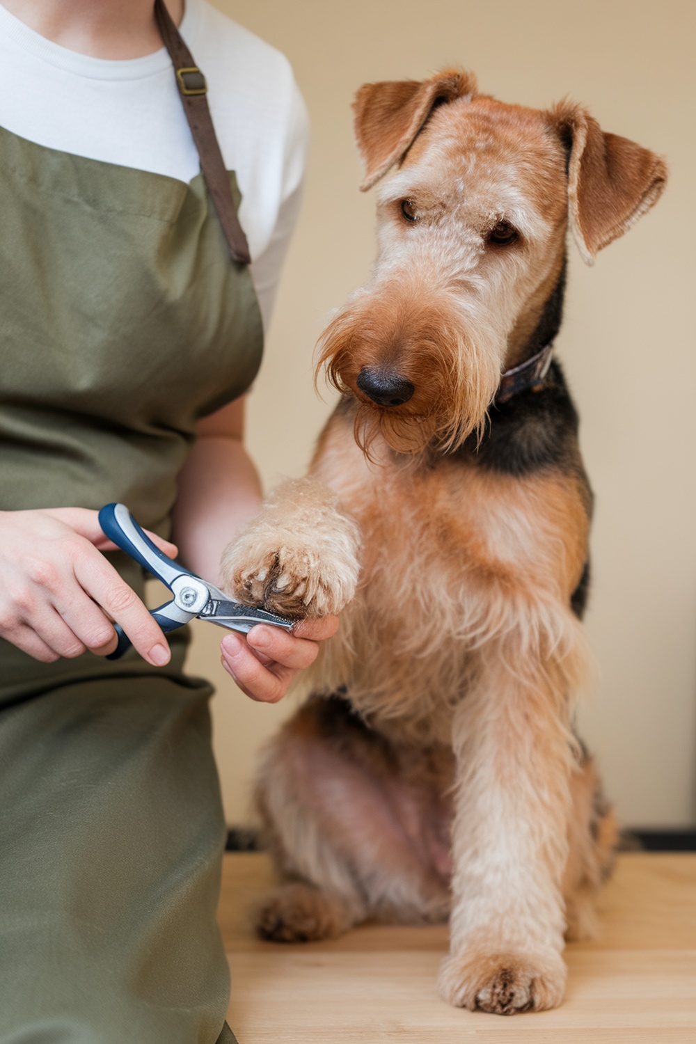 Airedale Terrier having its nails trimmed by a person.