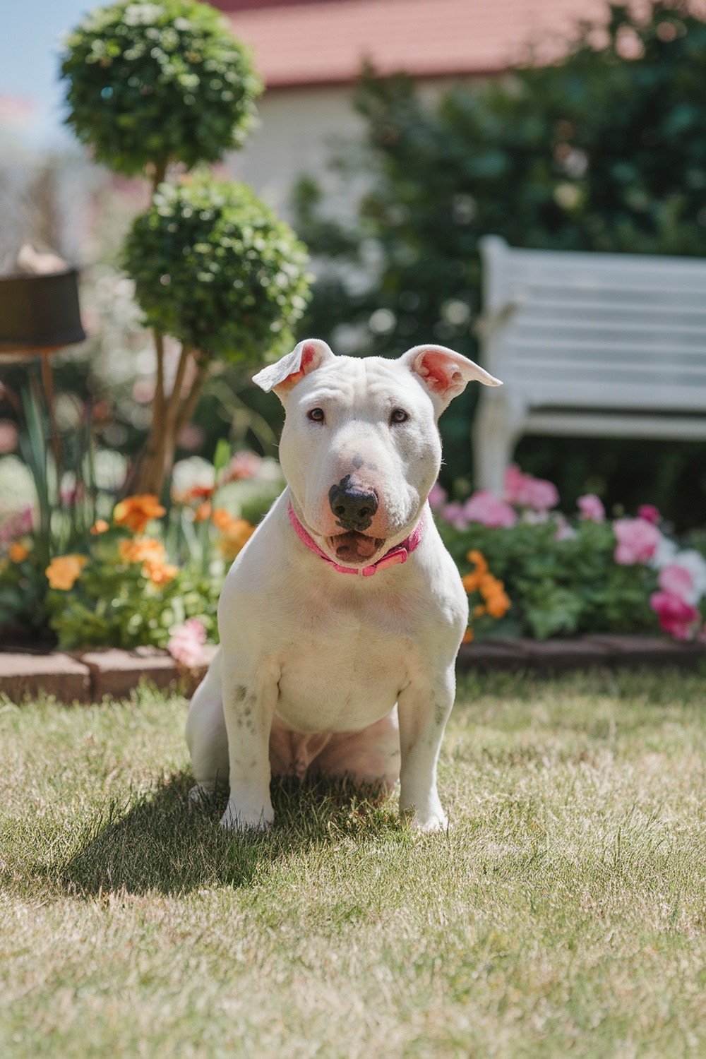 A Miniature Bull Terrier sitting in a garden with colorful flowers.