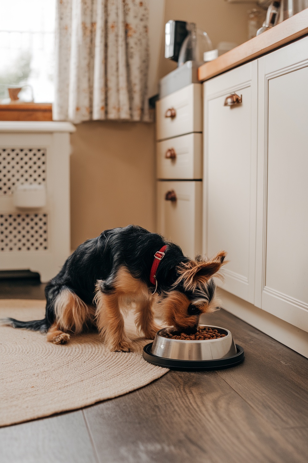 A Biewer Yorkie eating from a bowl in a cozy kitchen setting.