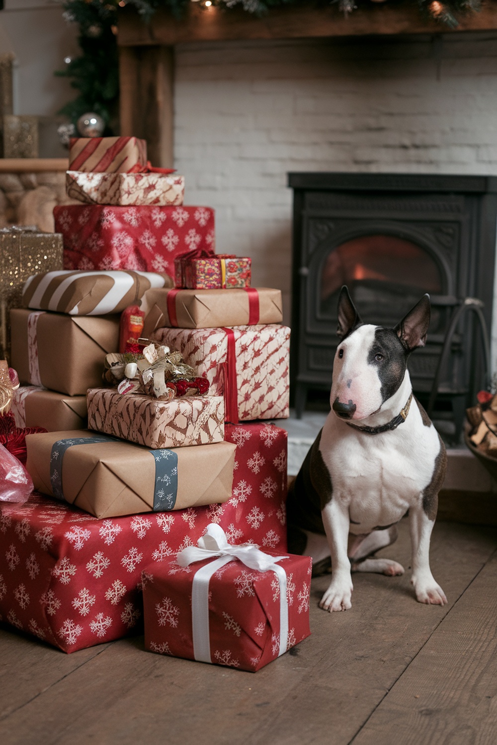 A Bull Terrier sitting beside a stack of colorful holiday gifts.