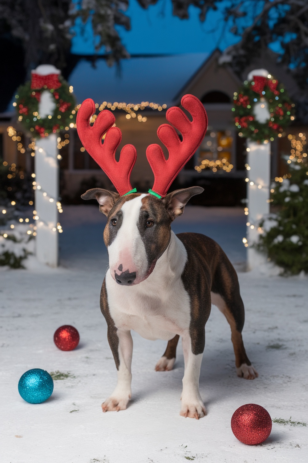 Bull Terrier wearing reindeer antlers in a snowy setting with Christmas decorations