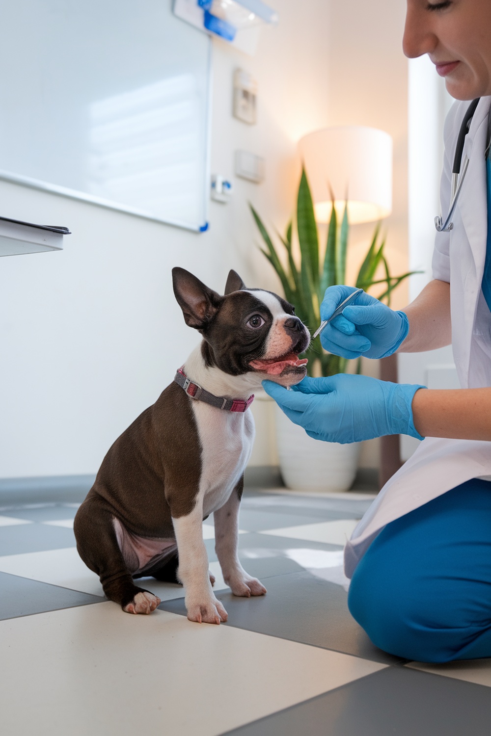 A Boston Terrier puppy receiving a check-up at the vet.