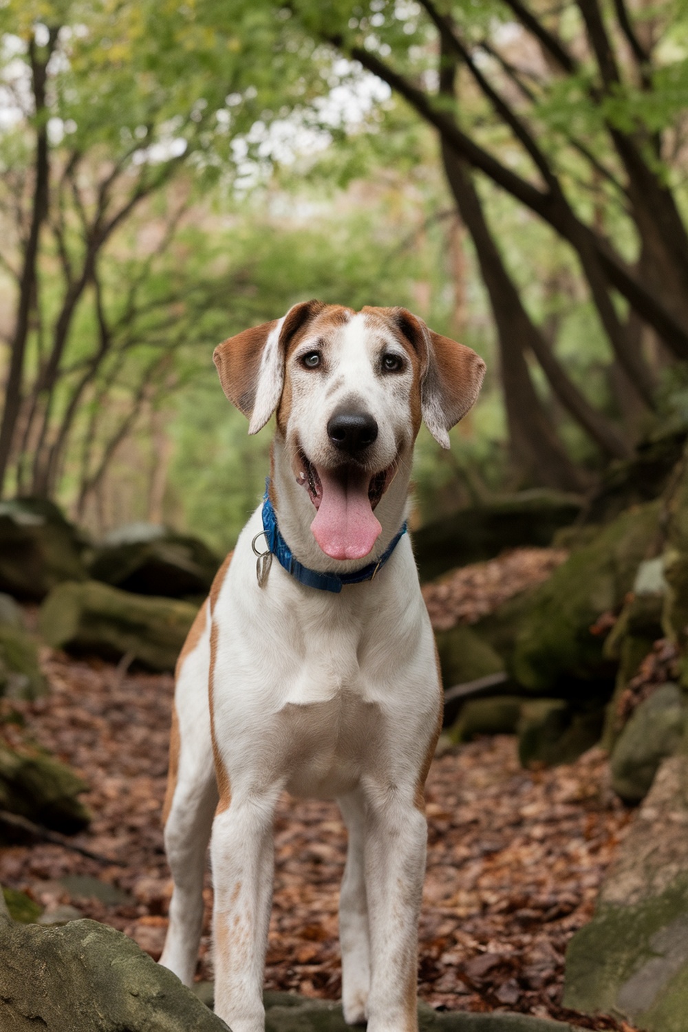 Airedale and Coonhound mix dog standing in a forest setting.