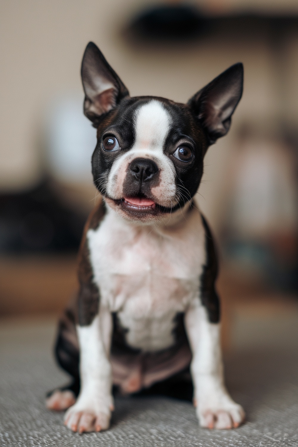 A cute Boston Terrier puppy with a joyful expression.