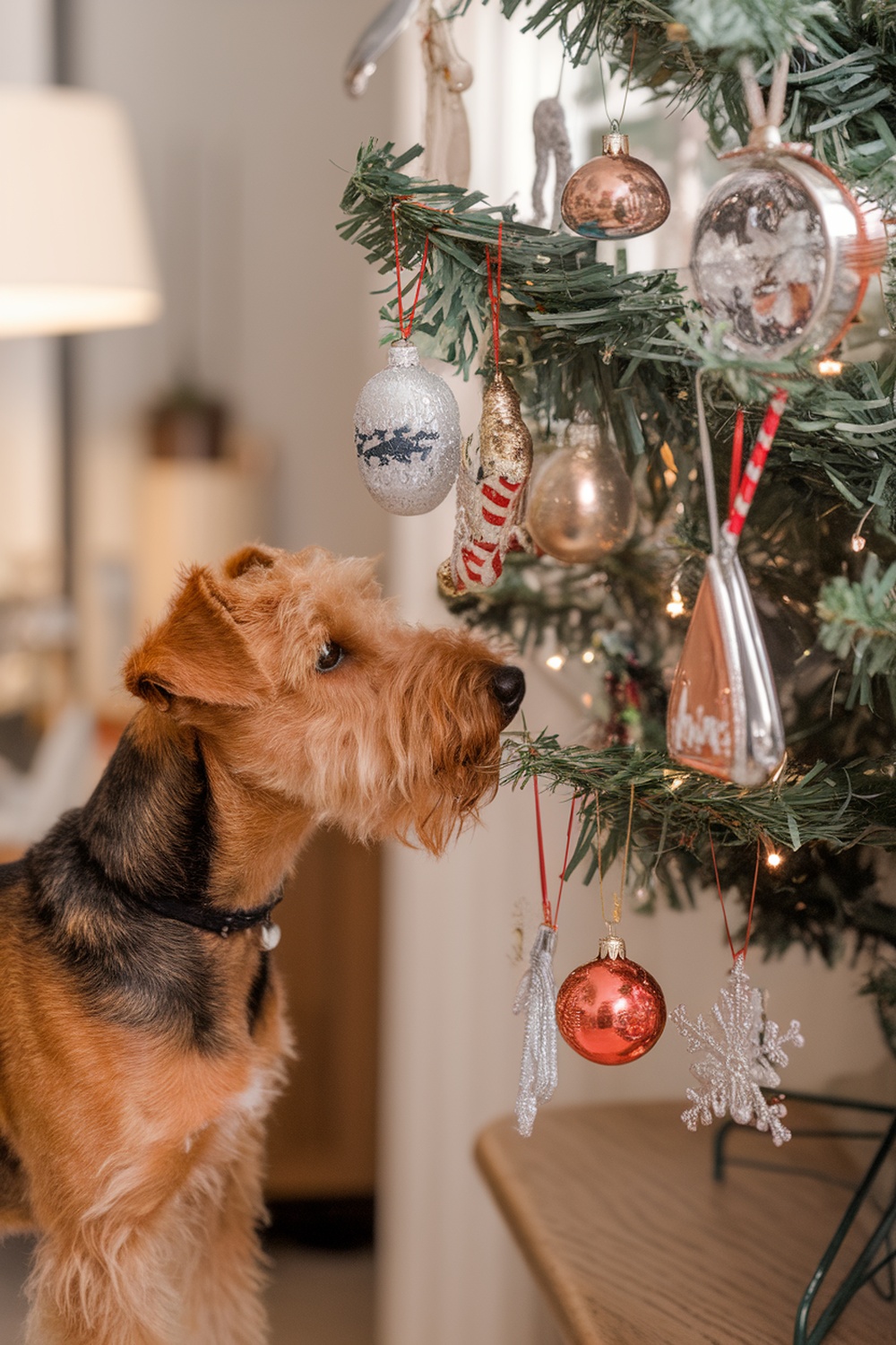 Airedale Terrier looking at Christmas tree ornaments