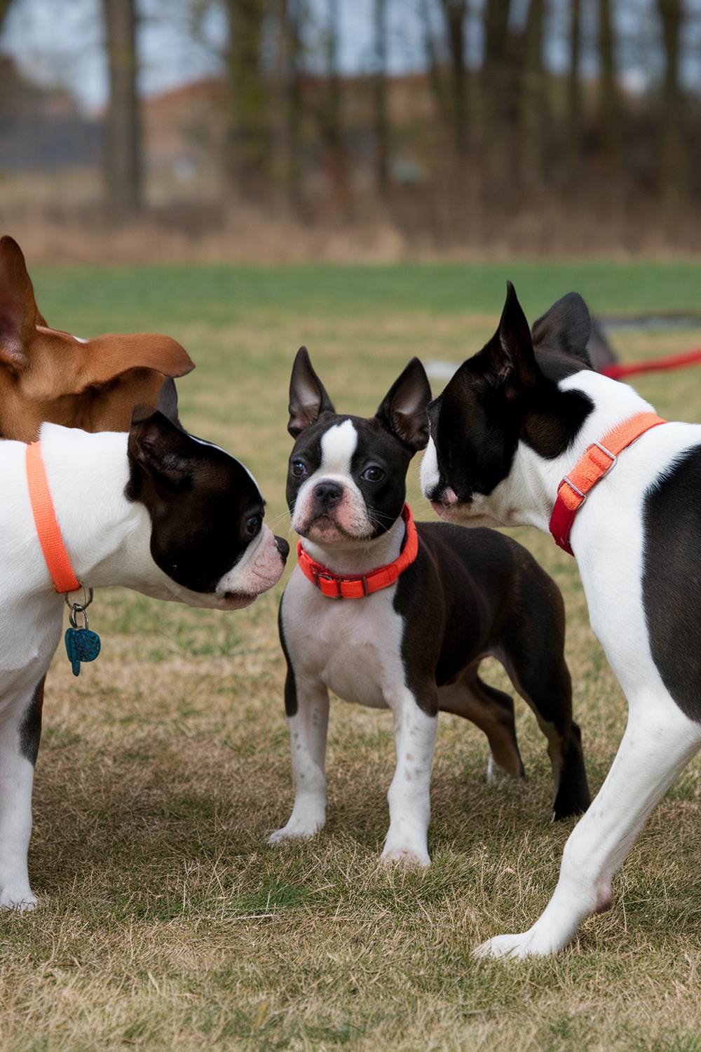 Boston Terrier puppies socializing in a grassy area.
