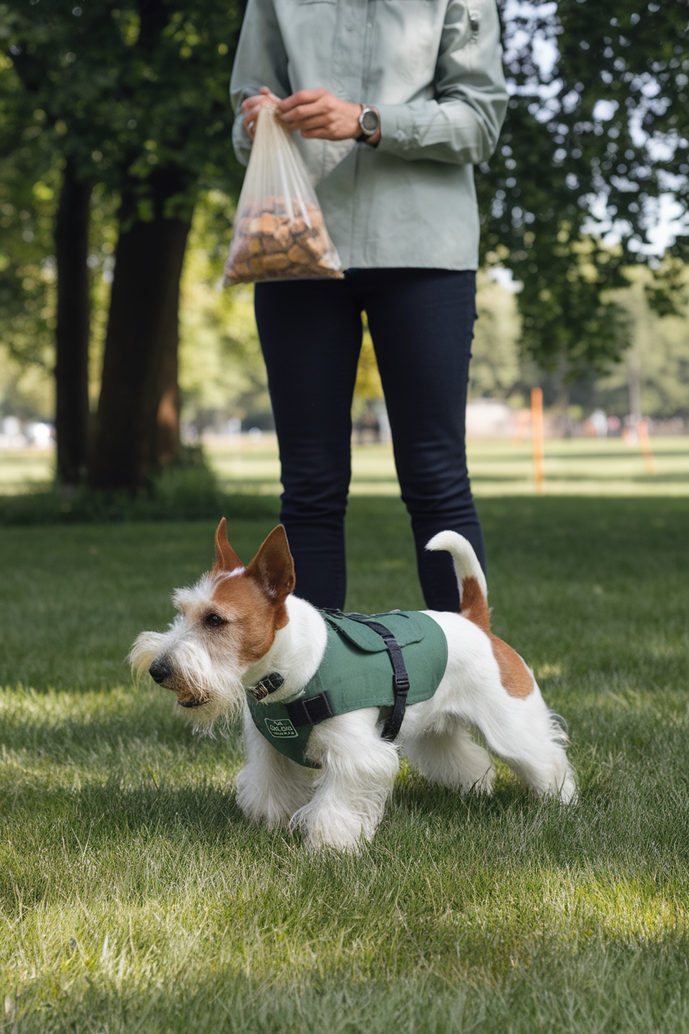 An Irish Terrier walking in a park with a person holding a bag of treats.