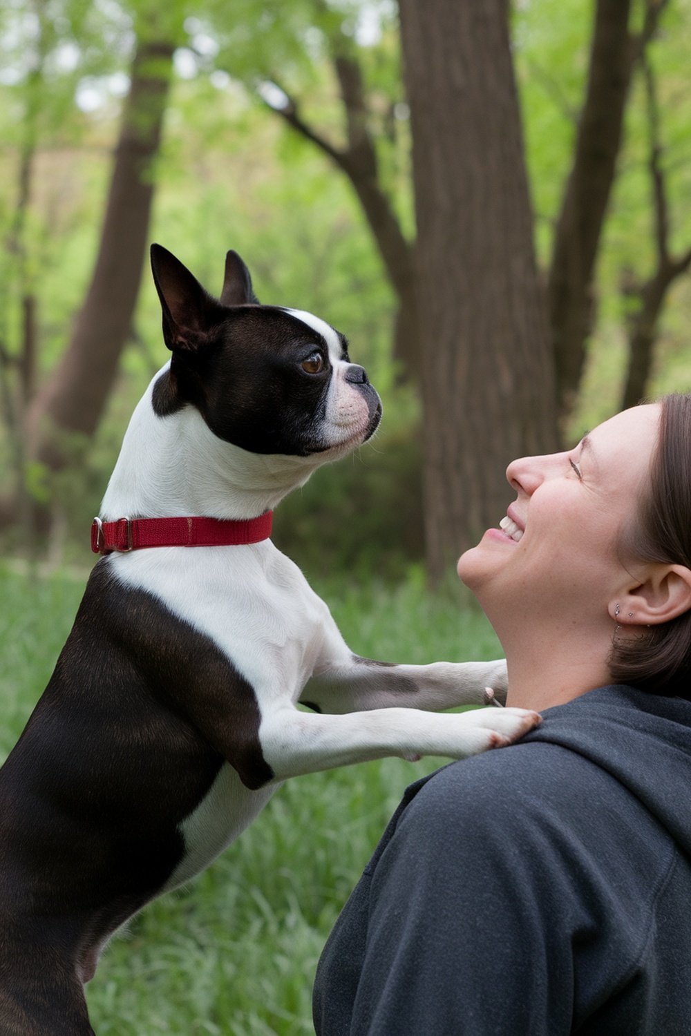 A Boston Terrier interacting joyfully with its owner in a green outdoor setting.