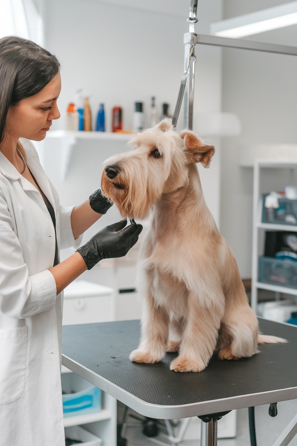 A groomer carefully trims the beard of a Wheaten Terrier.