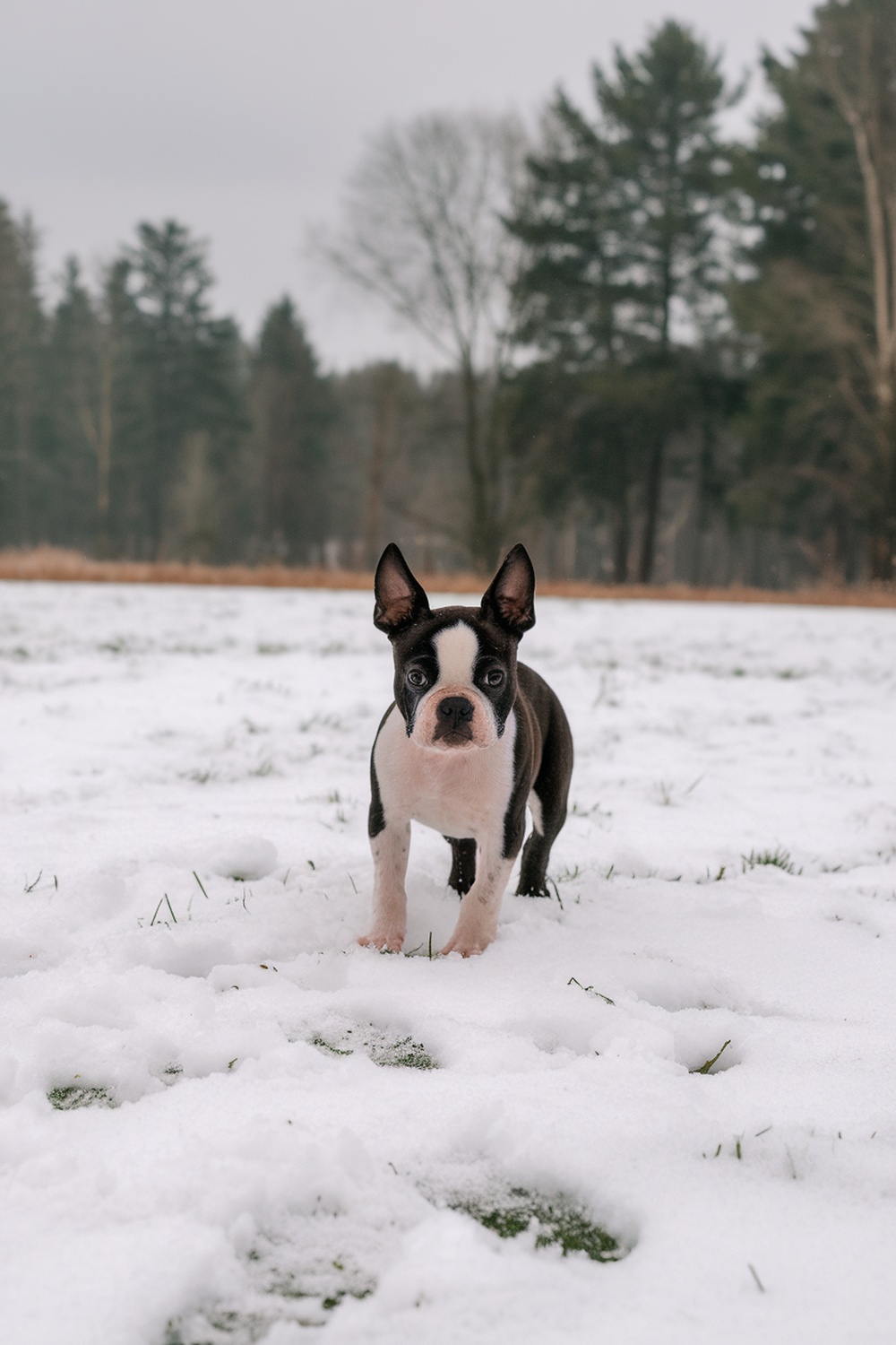 A Boston Terrier puppy standing in the snow with trees in the background.