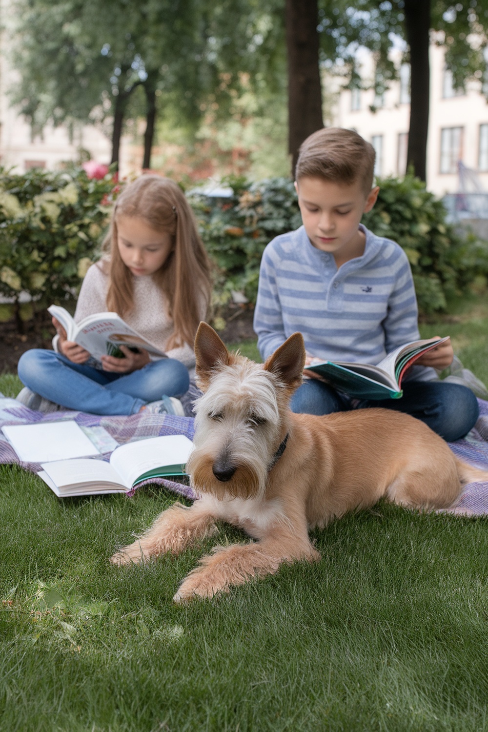 An Irish Terrier lying on the grass with two children reading books nearby.