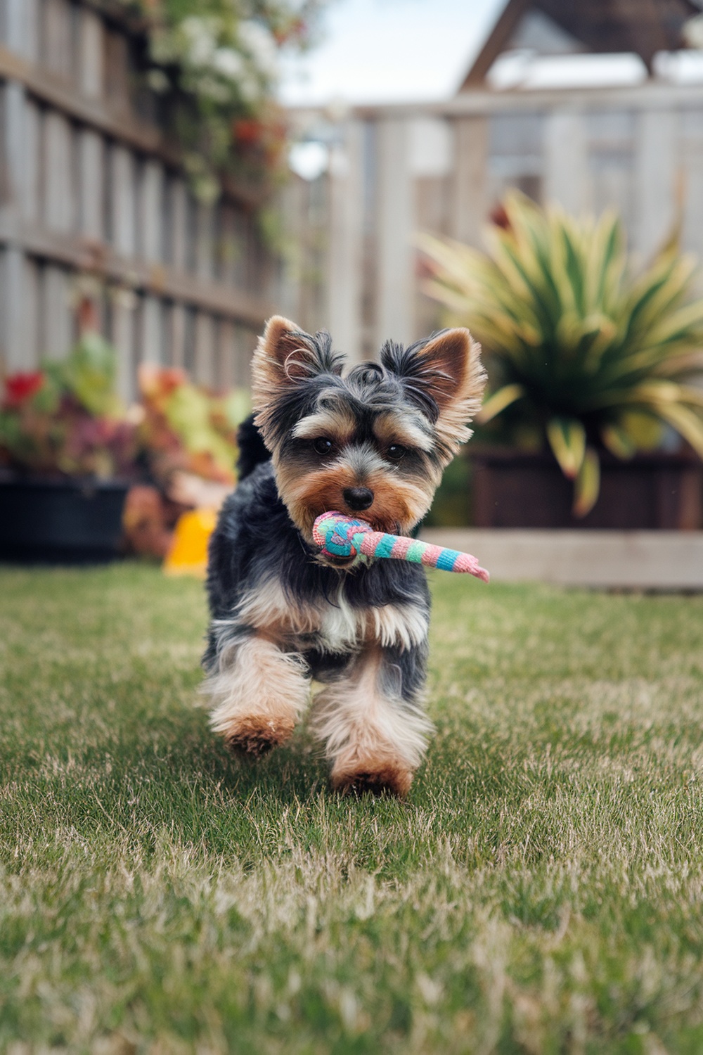 A Yorkie Poo running in the grass with a toy.