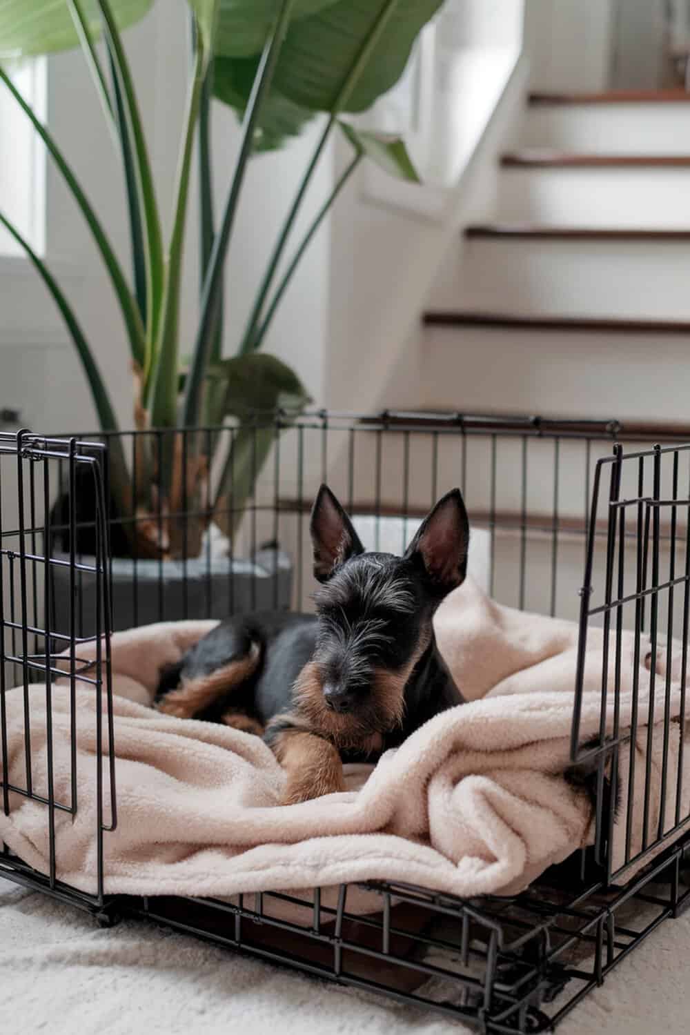 A Scottish Terrier puppy resting in a cozy crate with a soft blanket.