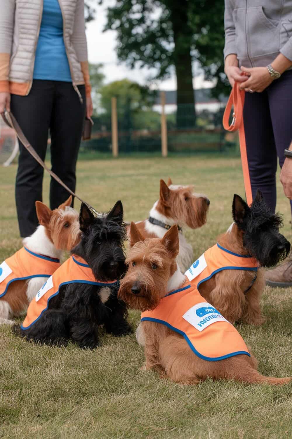 Scottish Terrier puppies in training class wearing orange vests