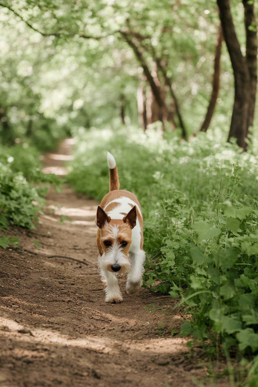 An Irish Terrier walking along a path in a green forest.