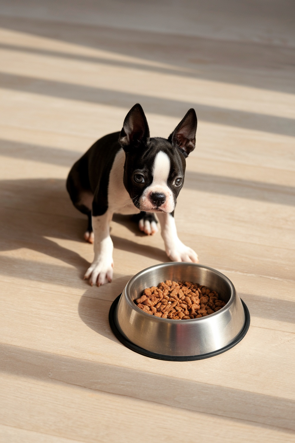 A Boston Terrier puppy sitting near a bowl of kibble on a wooden floor.