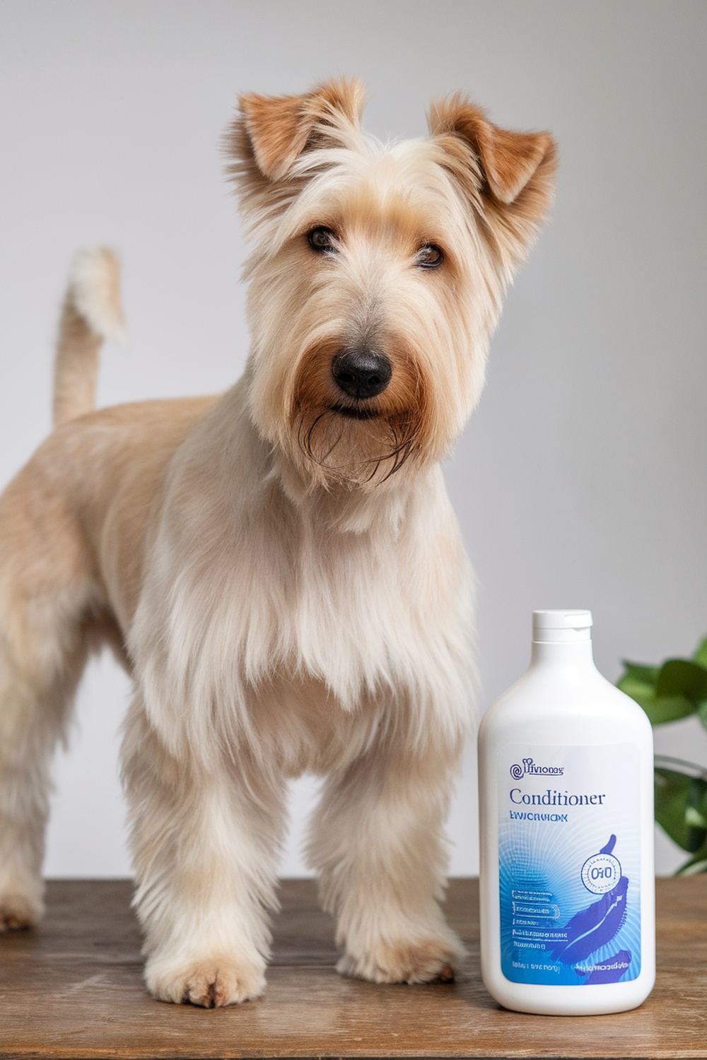 A Wheaten Terrier standing next to a bottle of conditioner.