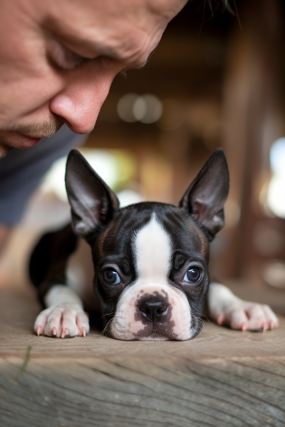 A close-up of a Boston Terrier puppy resting on a wooden surface, with a person leaning in closely to observe.