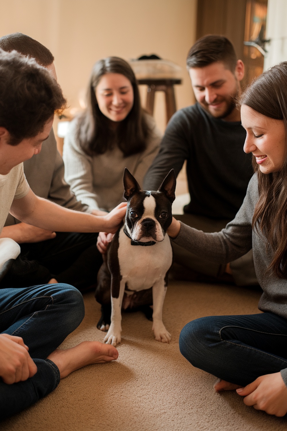 A Boston Terrier surrounded by family members, showcasing its affectionate nature.