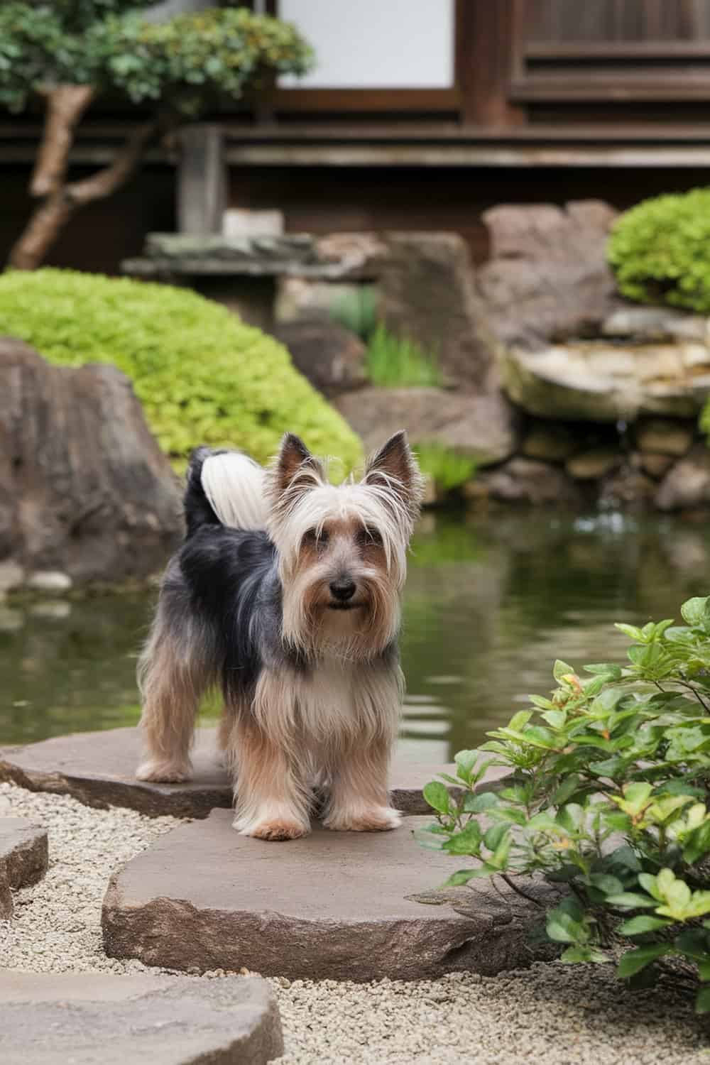 A Japanese Terrier standing on stones near a pond, showcasing its long fur and friendly demeanor.