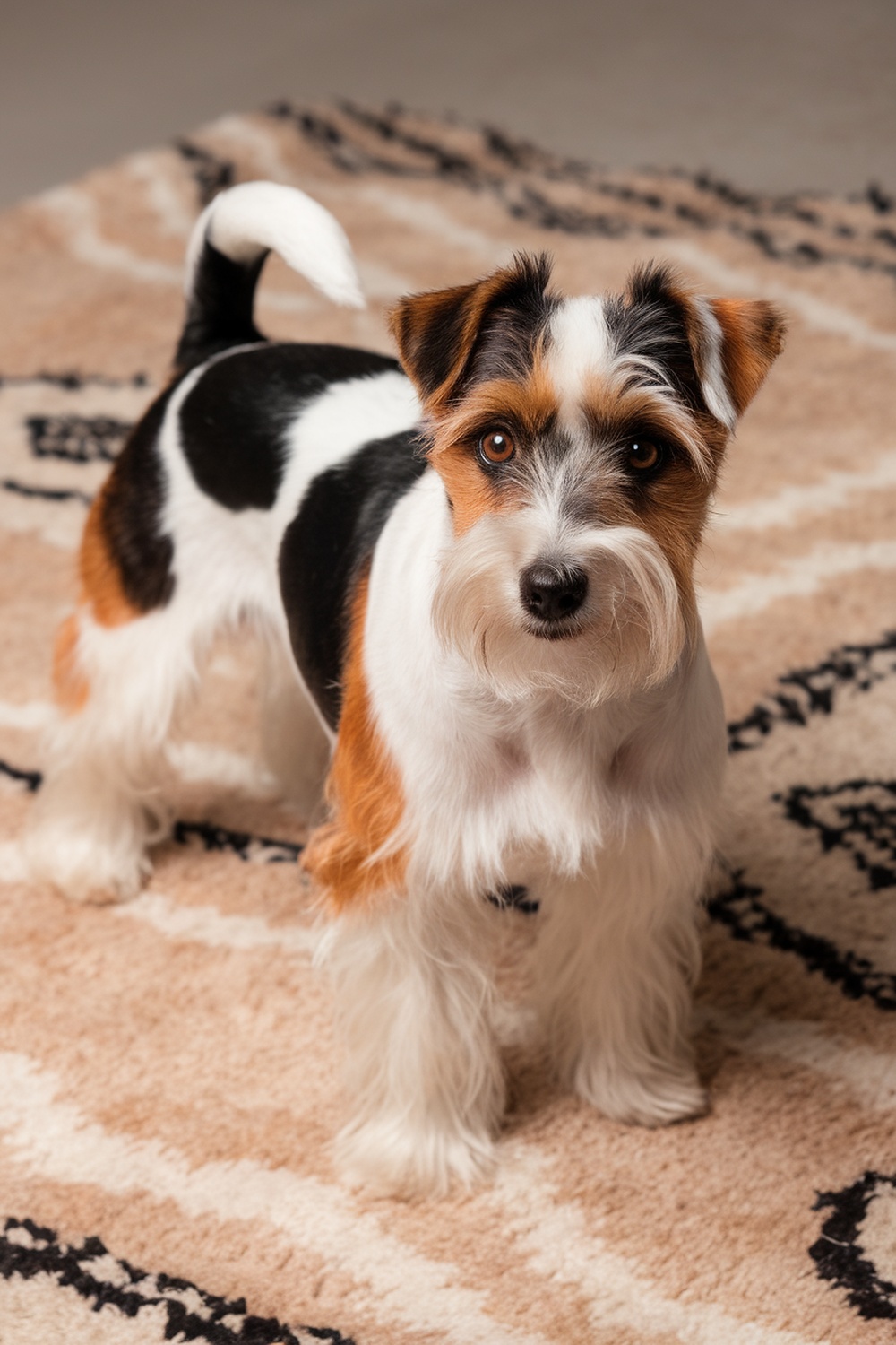 A Biewer Terrier standing on a patterned rug, showcasing its tri-color coat.