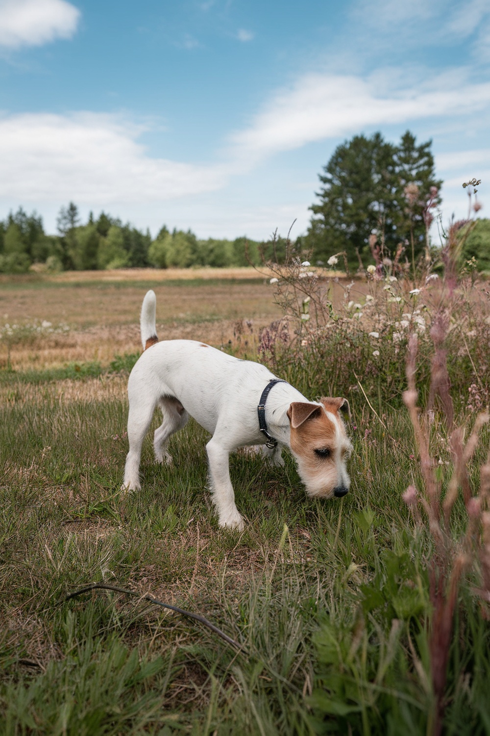 A Wire Fox Terrier sniffing the grass in a field.