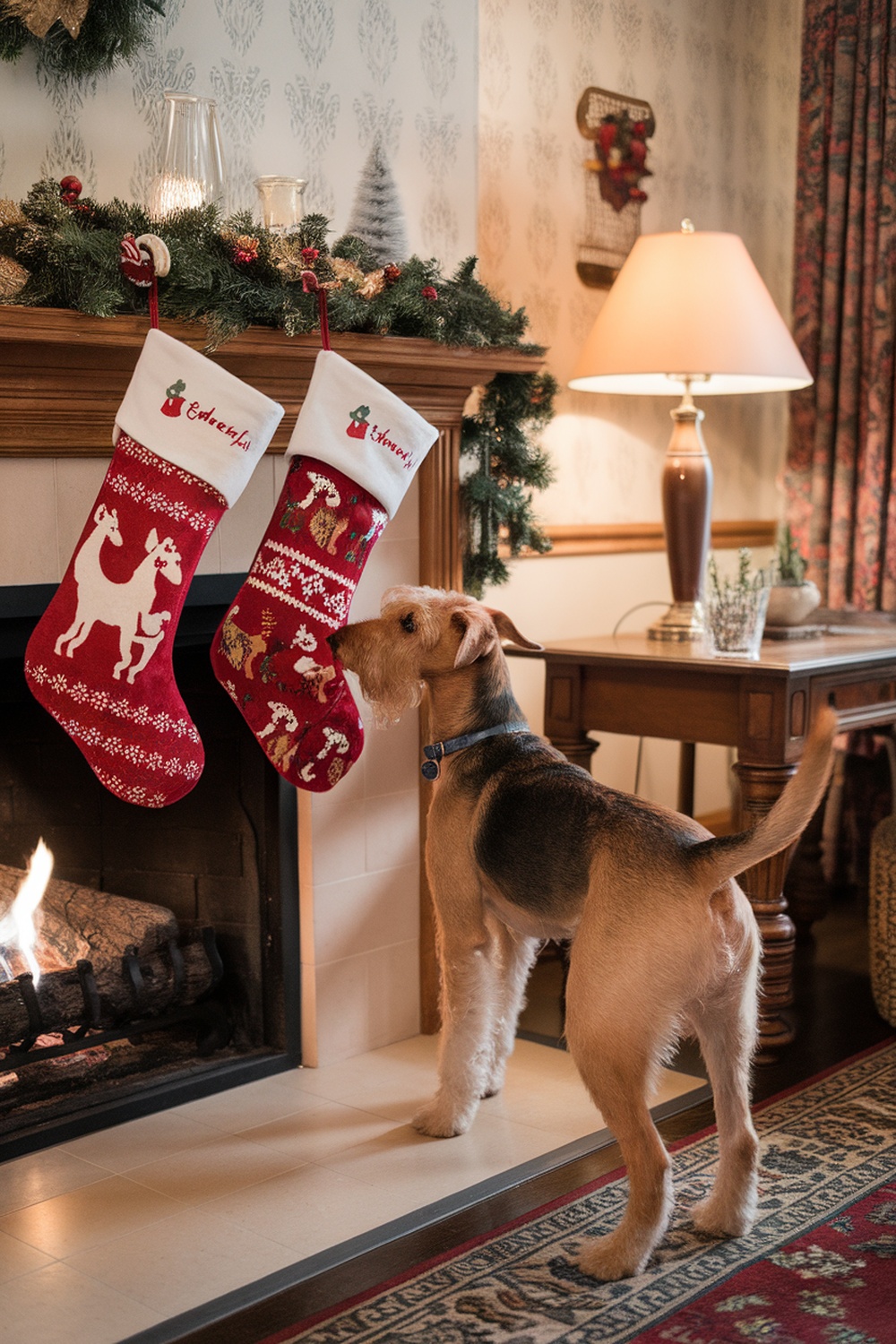 An Airedale Terrier looking at Christmas stockings hanging by a fireplace.