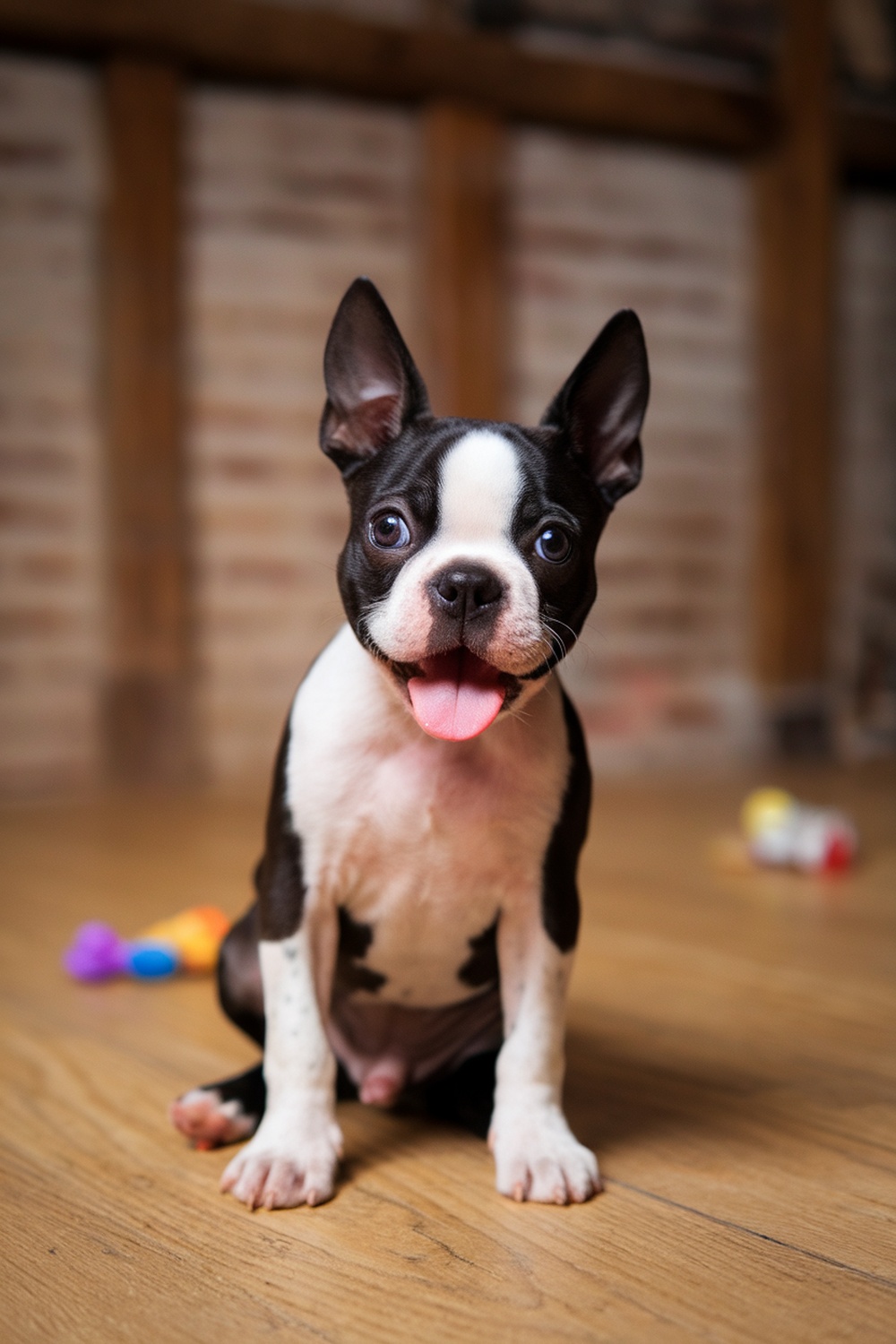 A playful Boston Terrier puppy sitting on a wooden floor with toys in the background.